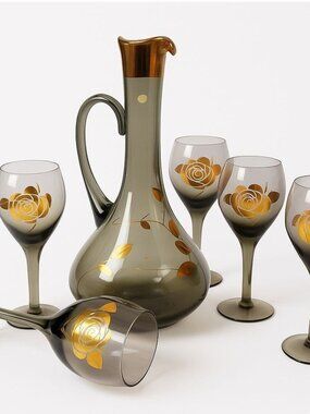 Vintage MCM Smoked Glass Barware Set Pitcher 5 Wine Glasses Gold Floral Hungary